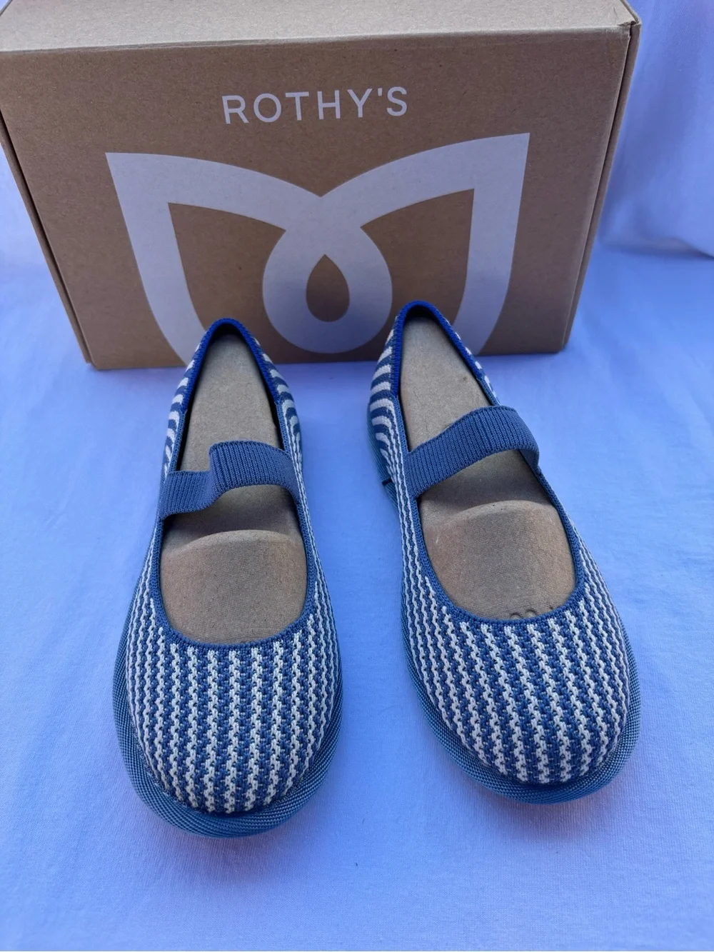 Rothy's Kids Blue and White Knit Mary Jane Flats